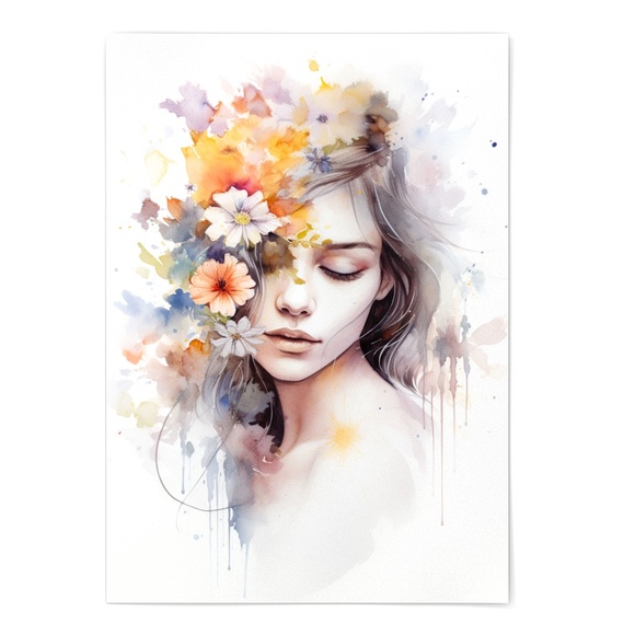Watercolor Woman With Flowers Portrait Wall Art Illustration Print Unframed - Picture 3 of 5